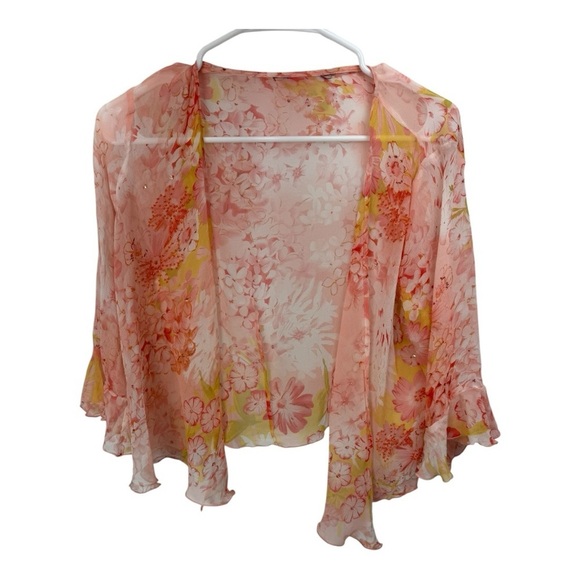 Vintage Y2K Size Small Dainty Silk Chiffon Pink Floral Cardigan Sequin Ruffle - Picture 1 of 6